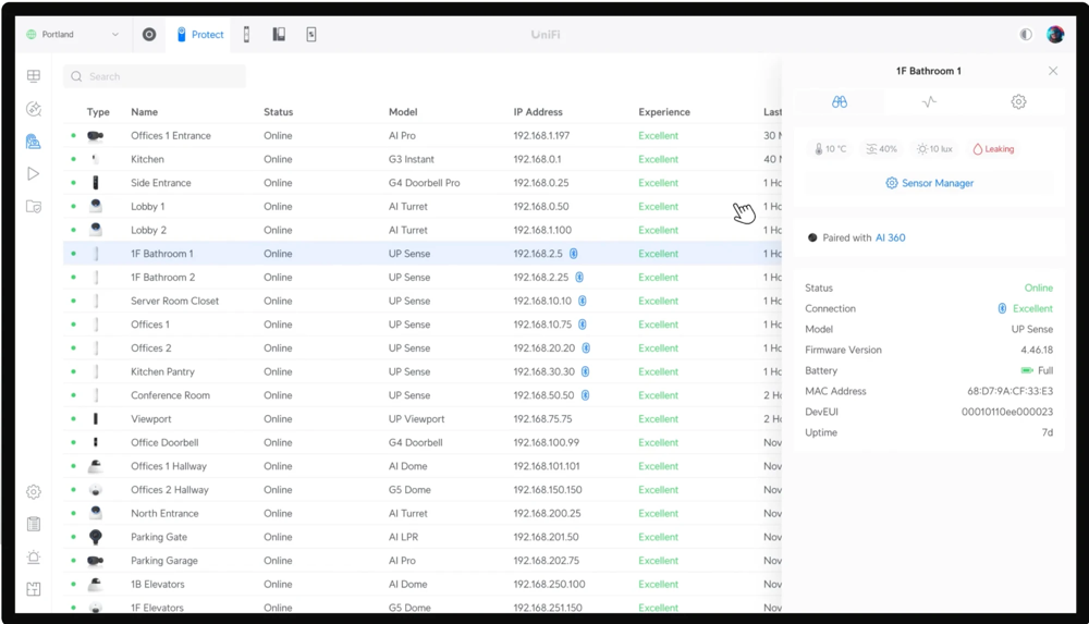 The UniFi Protect app dashboard showing multiple connected security cameras, their models, and online status in one place