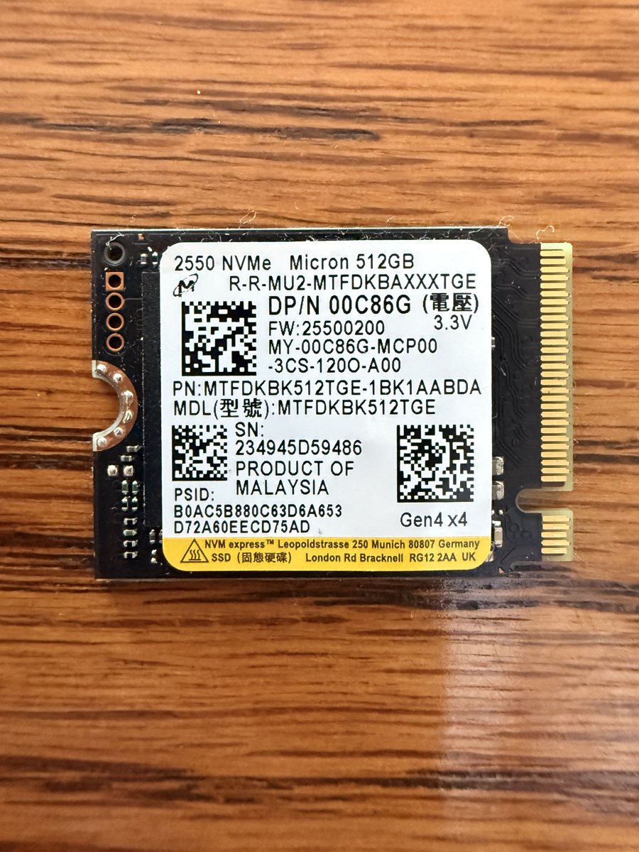 Micron 2550 512GB NVMe SSD (M.2 2230, Gen4)